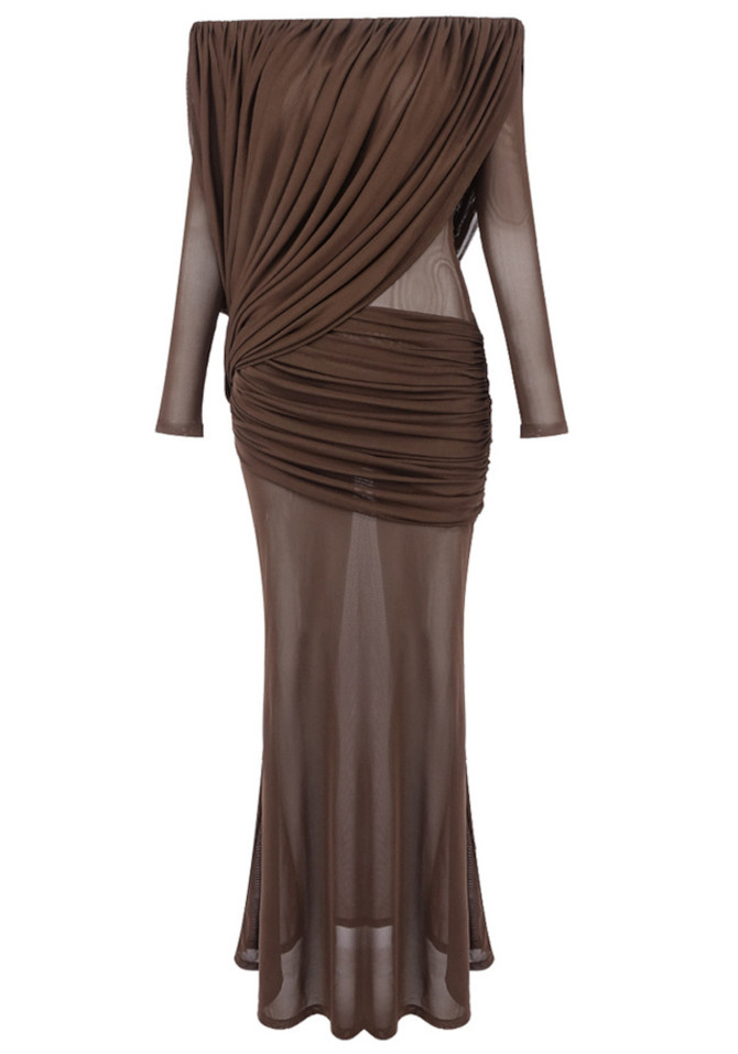 Long Sleeve Draped Bardot Maxi Dress Brown