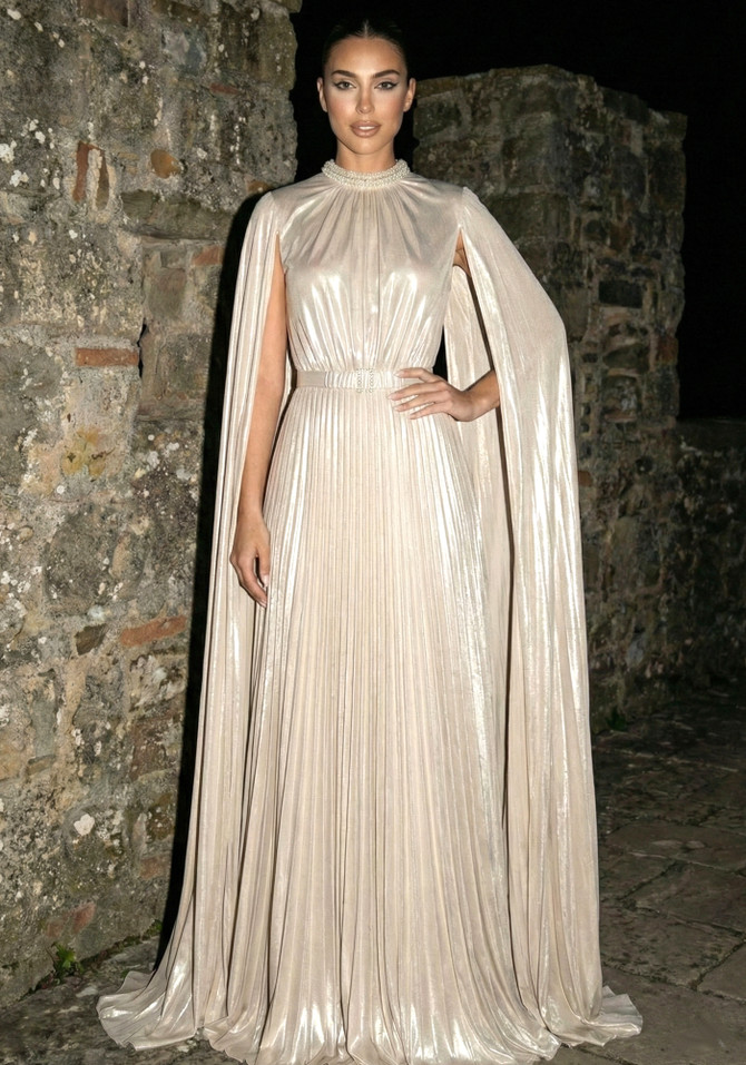 Cape Sleeve Pleated Maxi Dress Champagne