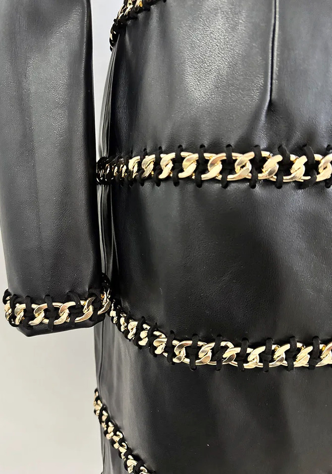 One Sleeve Ruffle Chain Detail Faux Leather Dress Black