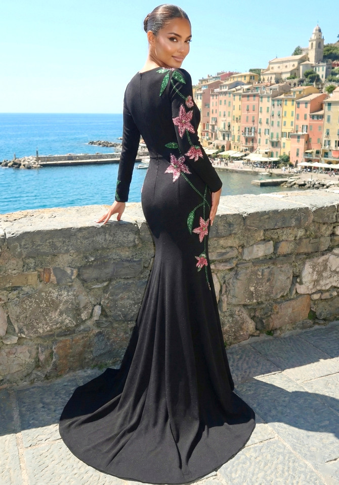 Long Sleeve Floral Embellished Maxi Dress Black