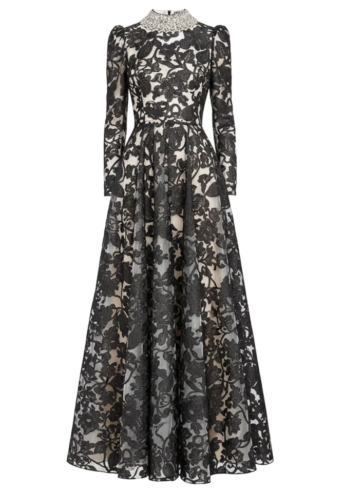 Long Sleeve Crystal Collar Floral A Line Maxi Dress Black White