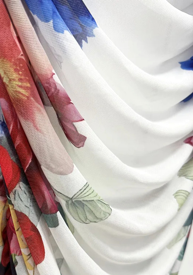 Draped Floral Bardot Midi Two Piece Dress White