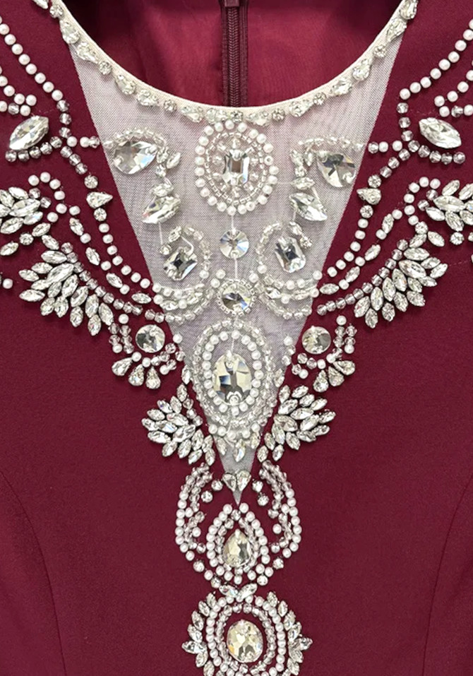 Long Sleeve Crystal Pearl Maxi Dress Burgundy