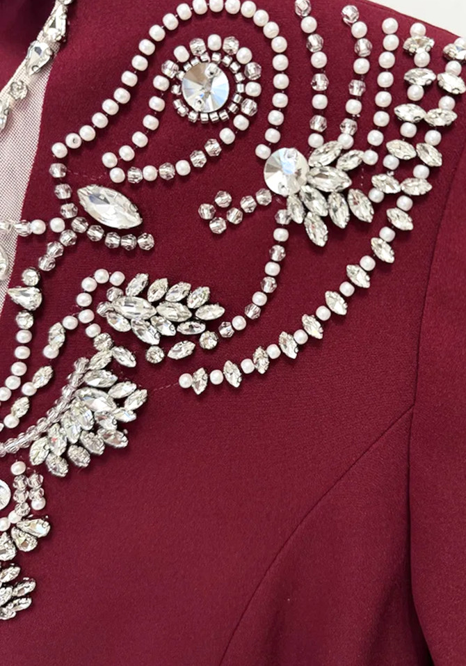 Long Sleeve Crystal Pearl Maxi Dress Burgundy