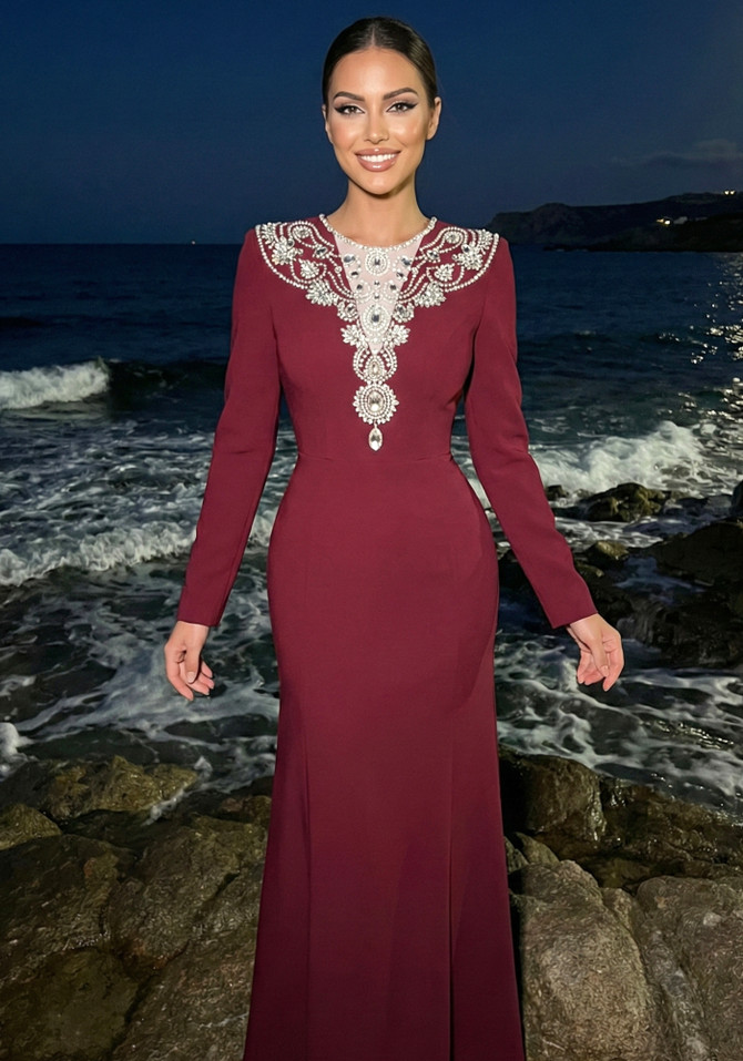 Long Sleeve Crystal Pearl Maxi Dress Burgundy