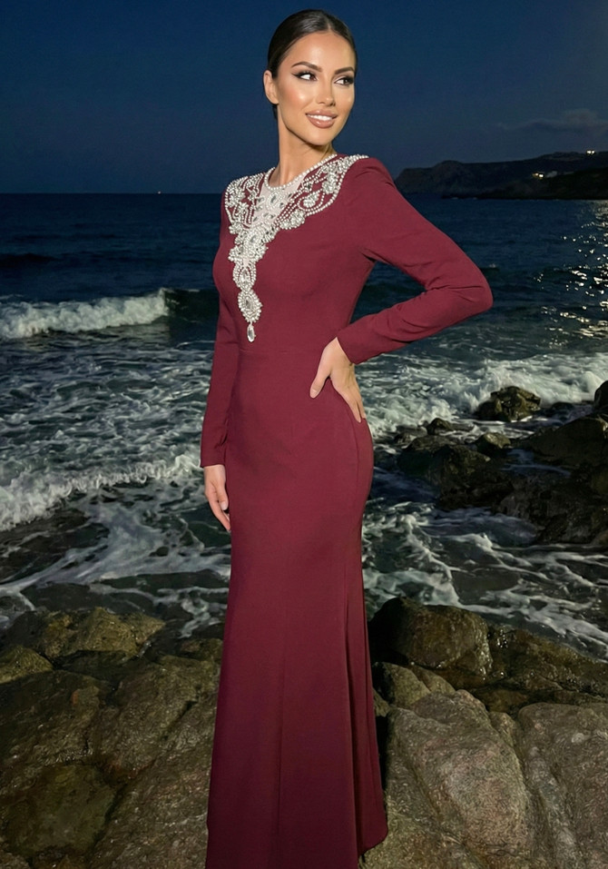 Long Sleeve Crystal Pearl Maxi Dress Burgundy