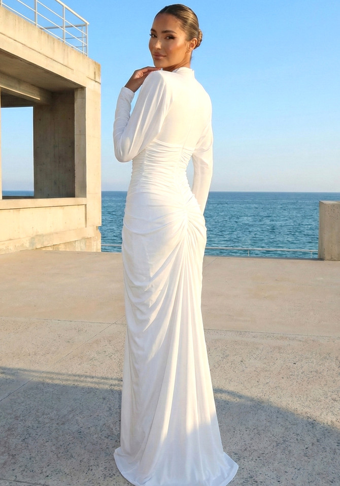 Long Sleeve Draped Structured Maxi Dress White