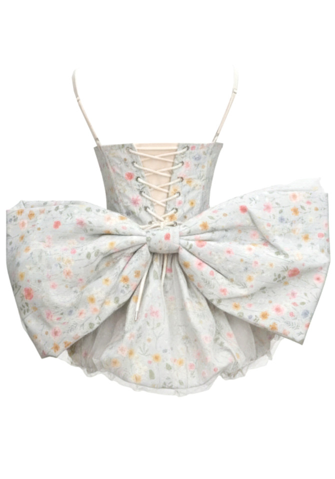 Floral Bow Detail Corset Bubble Dress Light Blue