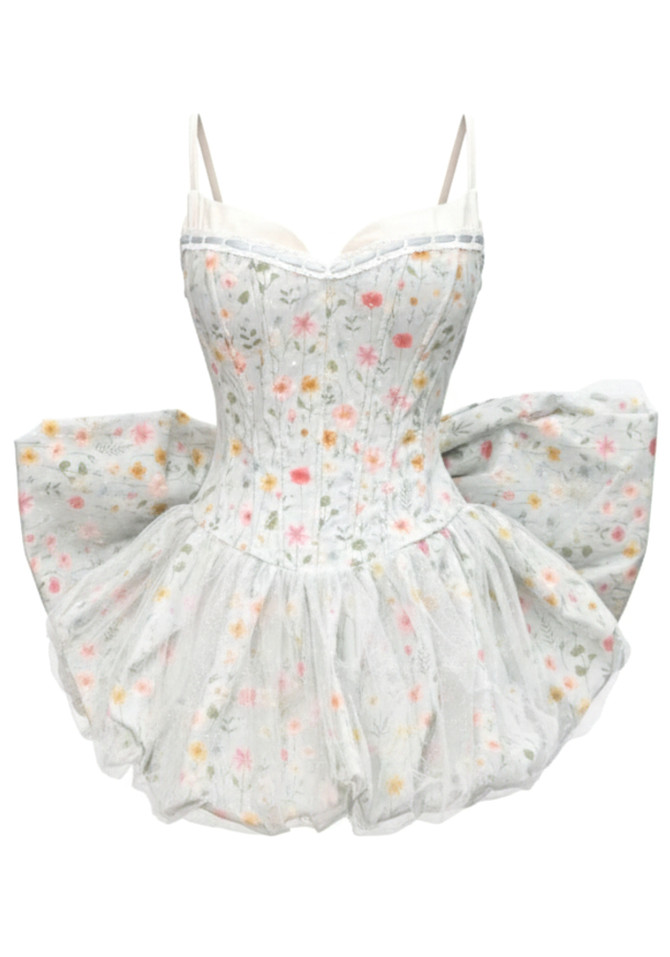 Floral Bow Detail Corset Bubble Dress Light Blue