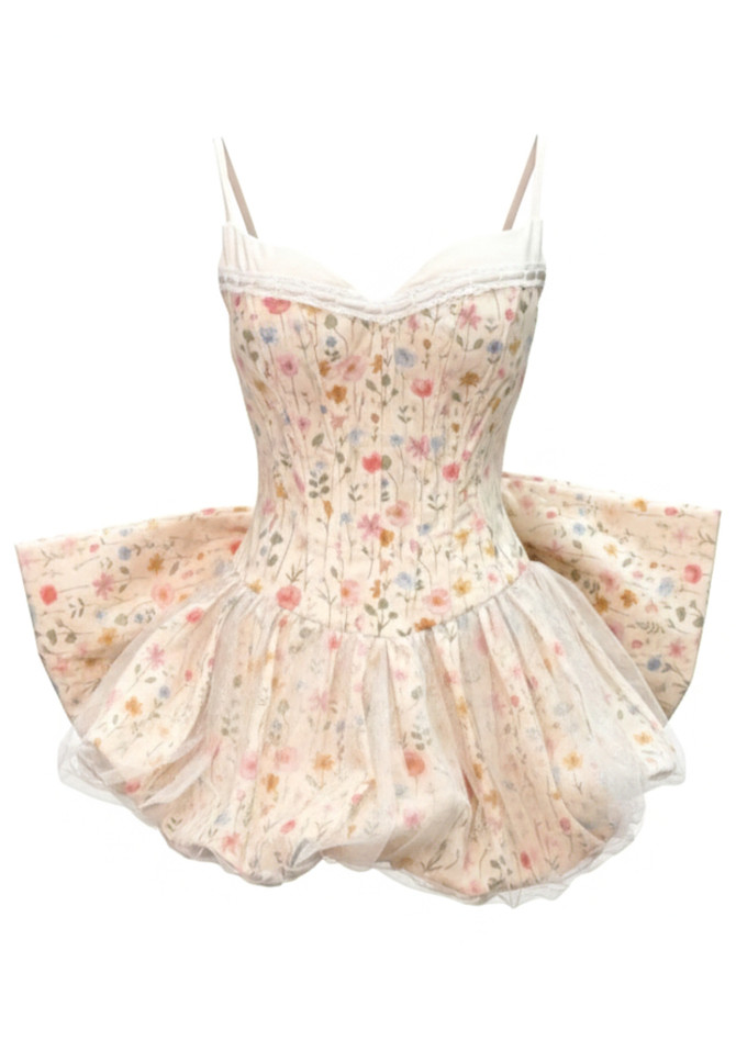 Floral Bow Detail Corset Bubble Dress Light Peach