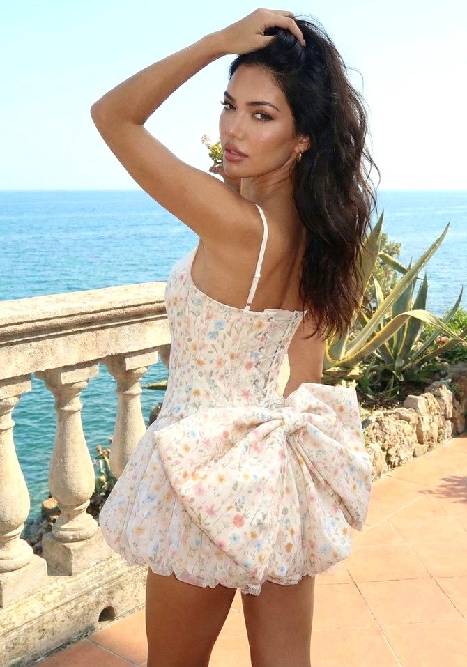 Floral Bow Detail Corset Bubble Dress Light Peach