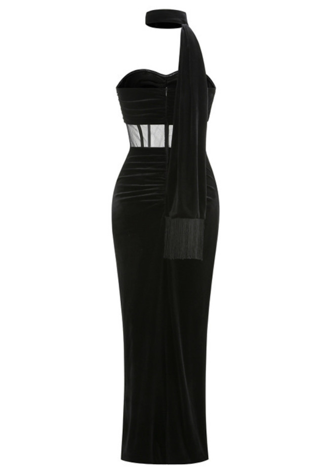 Strapless Mesh Insert Maxi Velvet Dress Black