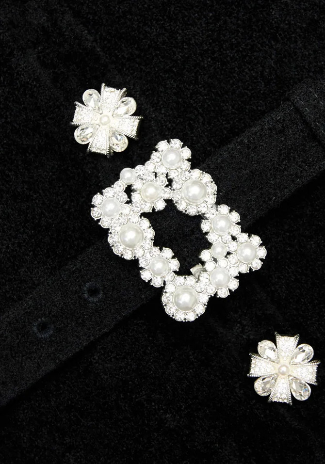 Short Sleeve Crystal Button Midi Dress Black