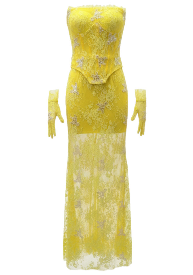 Strapless Embellished Lace Maxi Dress Yellow