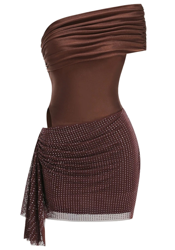 Draped Bardot Sparkly Dress Brown