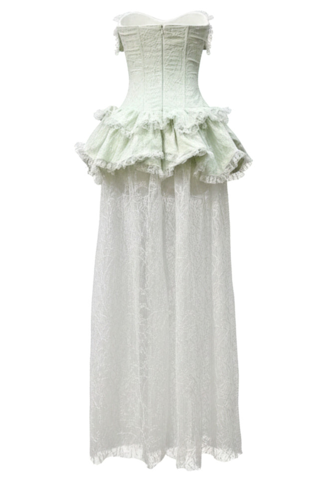 Strapless Peplum Lace Maxi Dress Green White