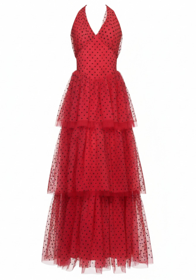 Halter Polka Dot Ruffle Maxi Dress Red