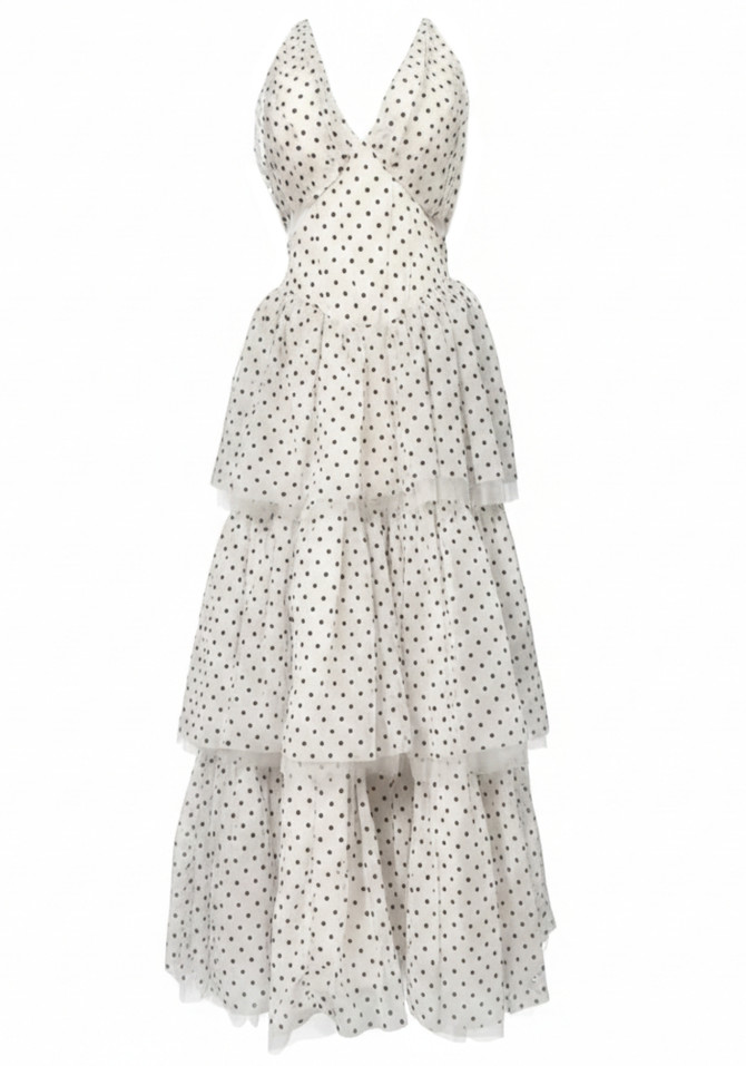 Halter Polka Dot Ruffle Maxi Dress White