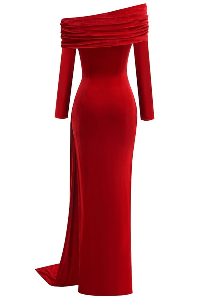 Long Sleeve Draped Bardot Maxi Velvet Dress Red