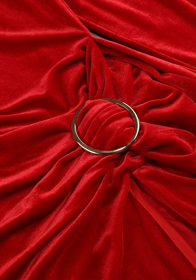 Long Sleeve Draped Bardot Maxi Velvet Dress Red