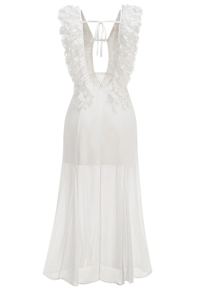 Ruffle A Line Midi Dress White