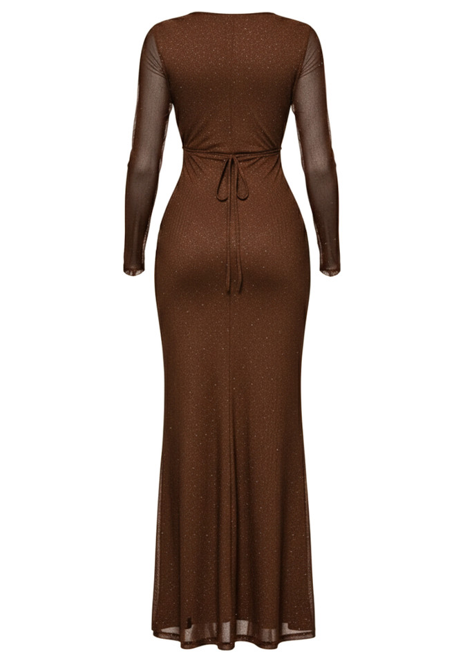 Mesh Long Sleeve Sparkly Maxi Dress Brown