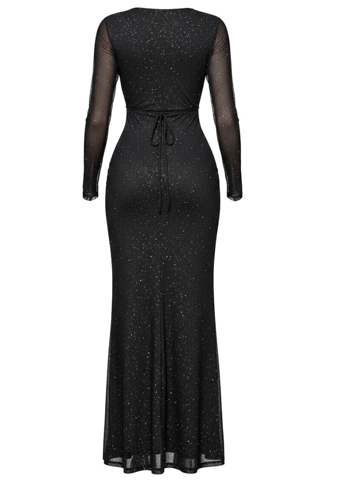 Mesh Long Sleeve Sparkly Maxi Dress Black