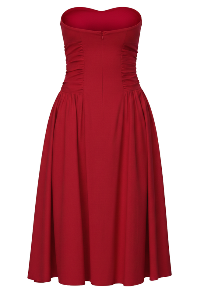 Strapless Ruched Detail A Line Midi Dress Red