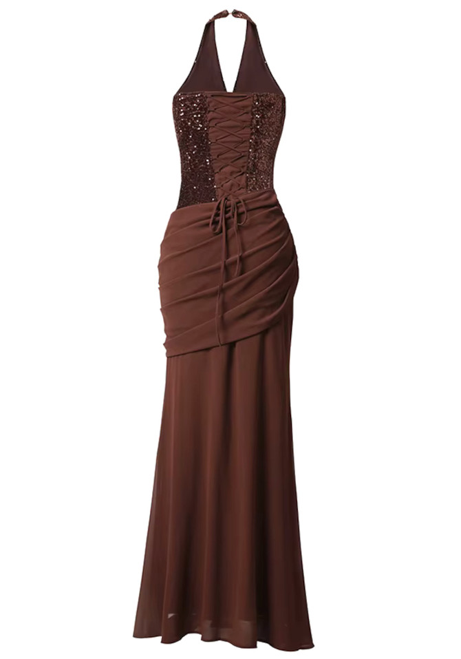 Halter Sequin Corset Maxi Dress Brown