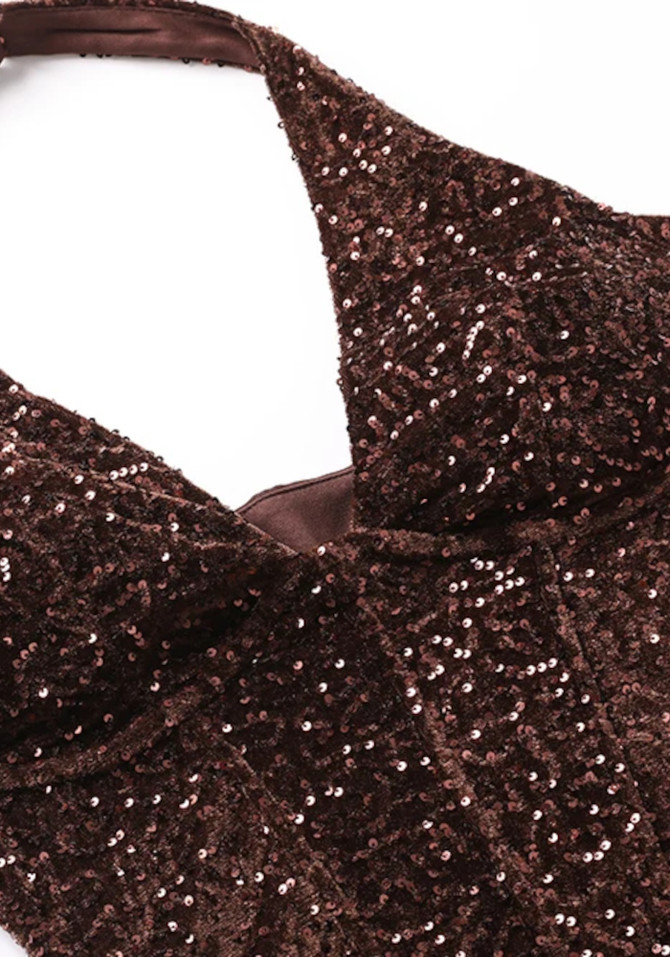 Halter Sequin Corset Maxi Dress Brown