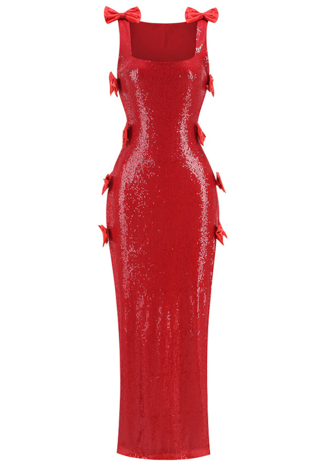 Bow Detail Sequin Maxi Dress Red