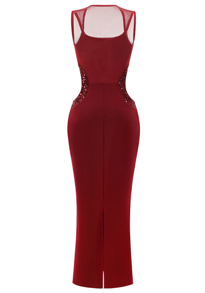 Mesh Sequin Cut Out Maxi Dress Red