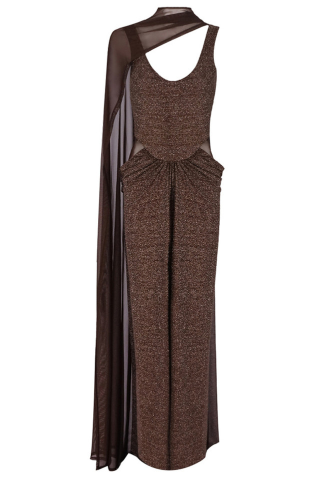Mesh Insert Sparkly Maxi Dress Brown
