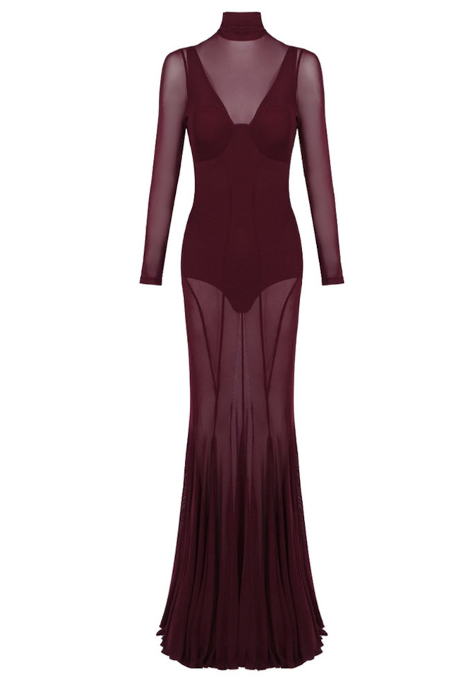 Long Sleeve Mesh Maxi Dress Burgundy