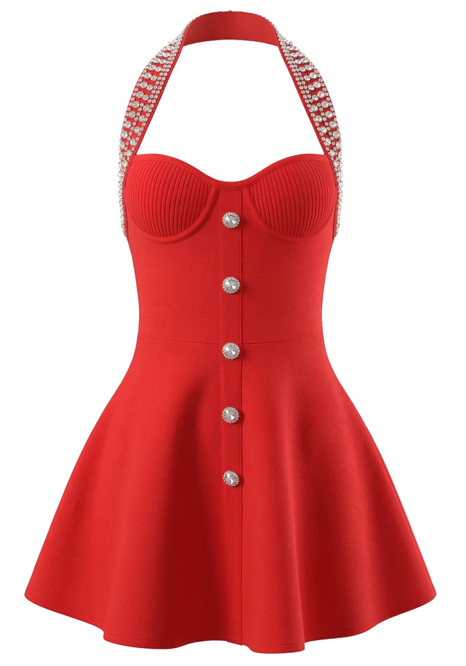 Halter Crystal A Line Dress Red