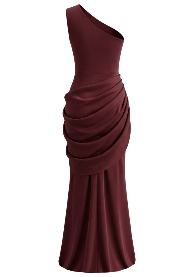 One Shoulder Draped Maxi Dress Burgundy