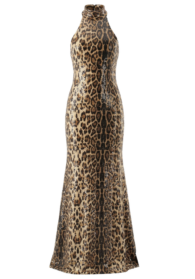 Animal Print Halter Sequin Maxi Dress