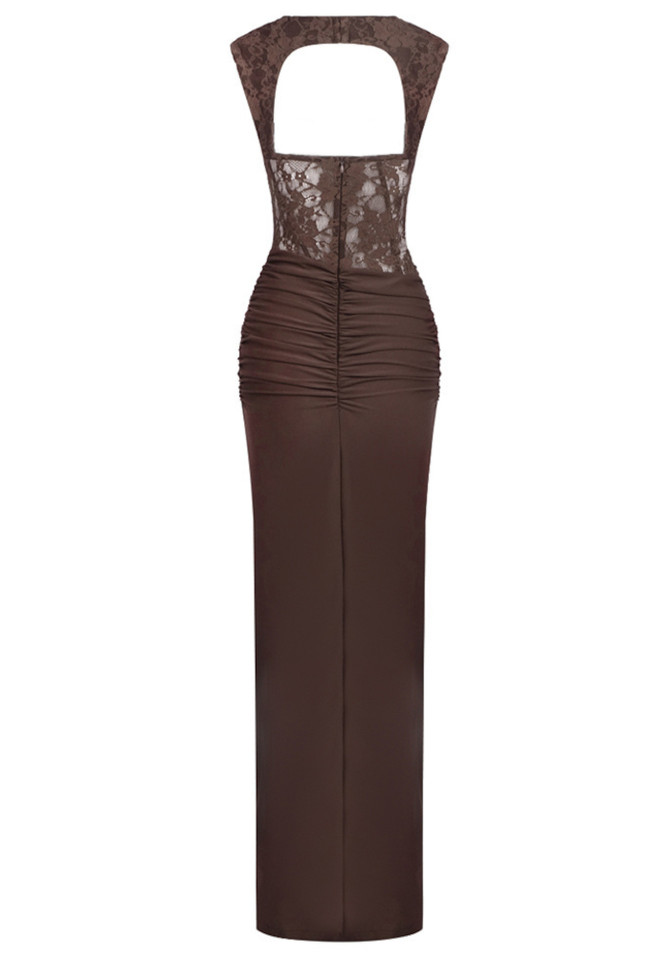 Lace Bustier Draped Maxi Dress Brown