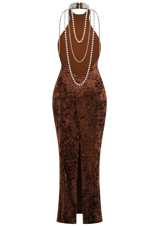 Halter Pearl Embellished Maxi Velvet Dress Brown