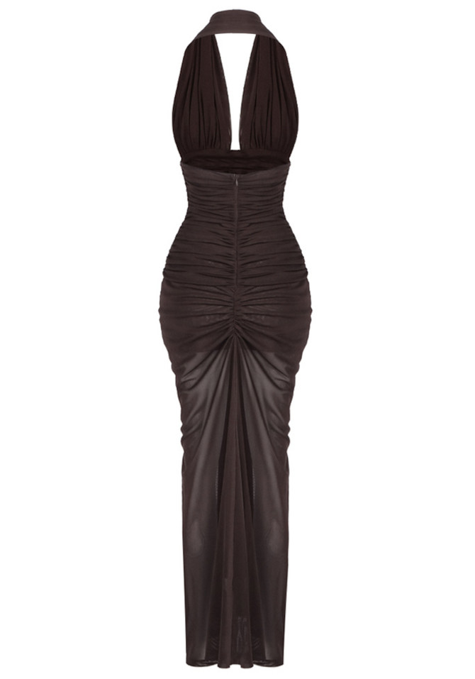 Halter Braid Detail Ruched Maxi Dress Brown