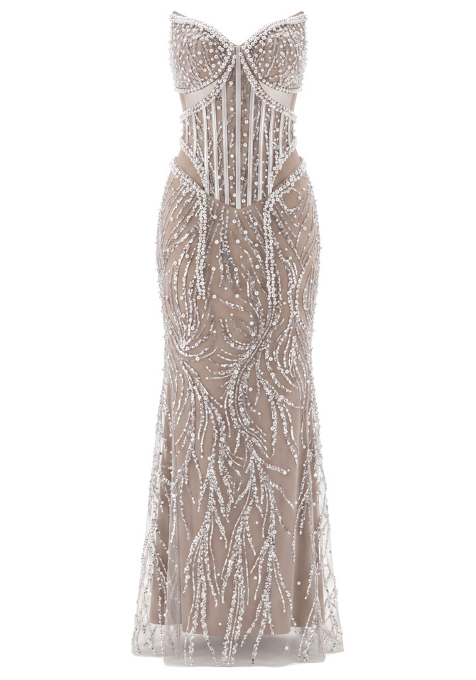Strapless Pearl Sequin Structured Maxi Dress Nude