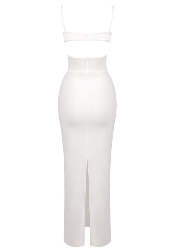 Bustier Draped Mesh Insert Maxi Dress White