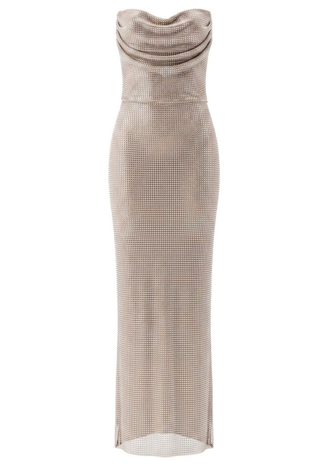 Strapless Draped Embellished Corset Maxi Dress Nude