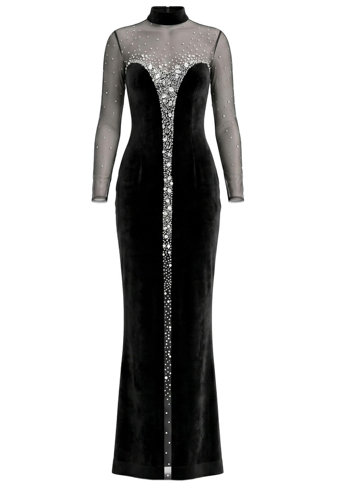 Long Sleeve Crystal Mesh Maxi Velvet Dress Black