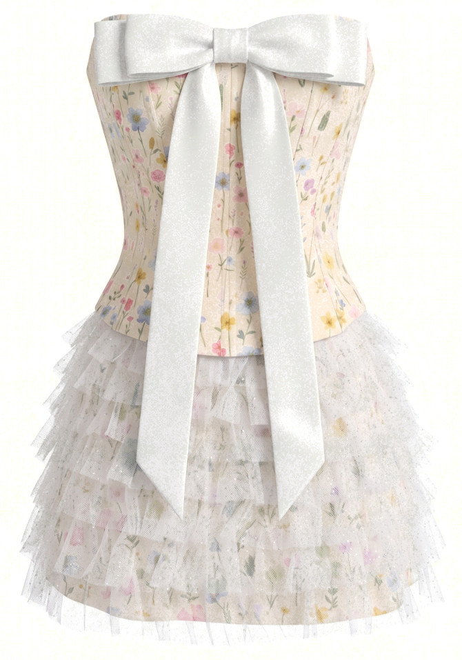Strapless Floral Mesh Ruffle Dress Yellow