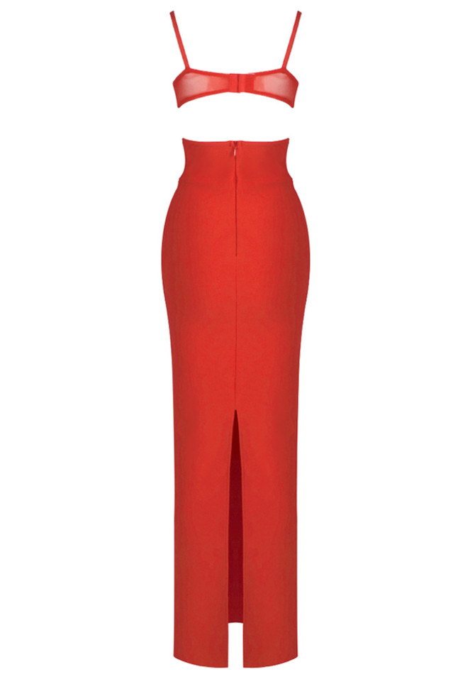 Bustier Draped Mesh Insert Maxi Dress Red