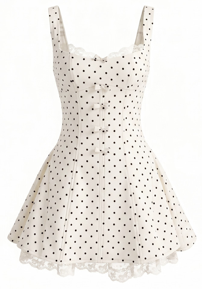 Polka Dot Lace Insert A Line Corset Dress Ivory