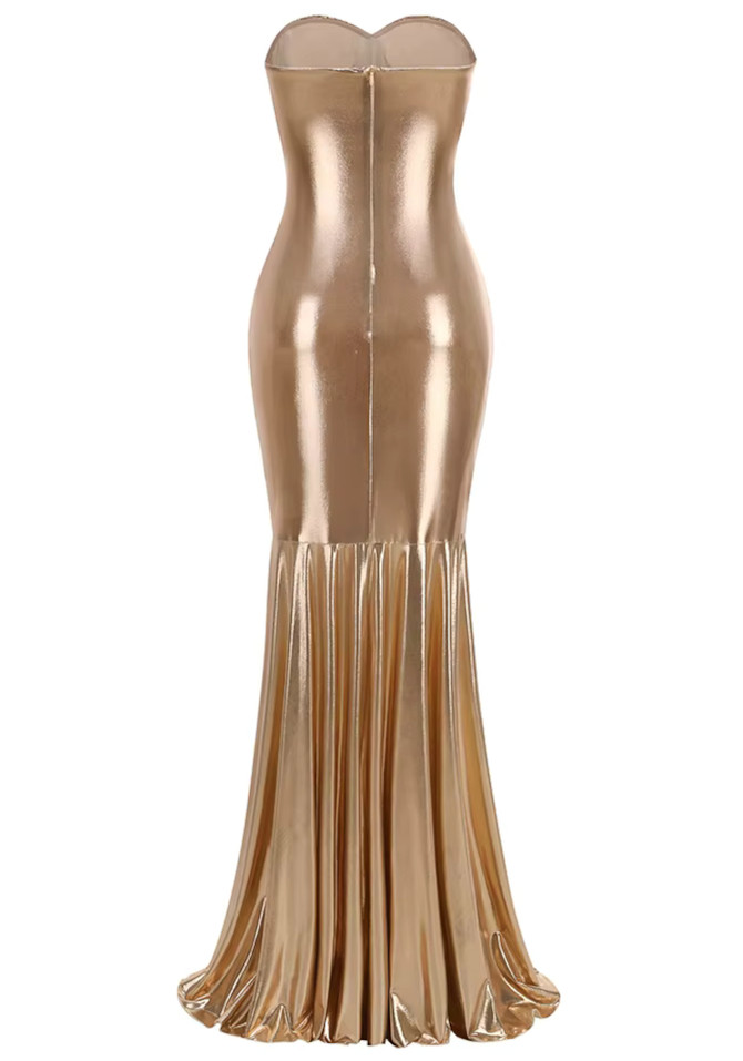 Strapless Ruched Mermaid Maxi Dress Gold