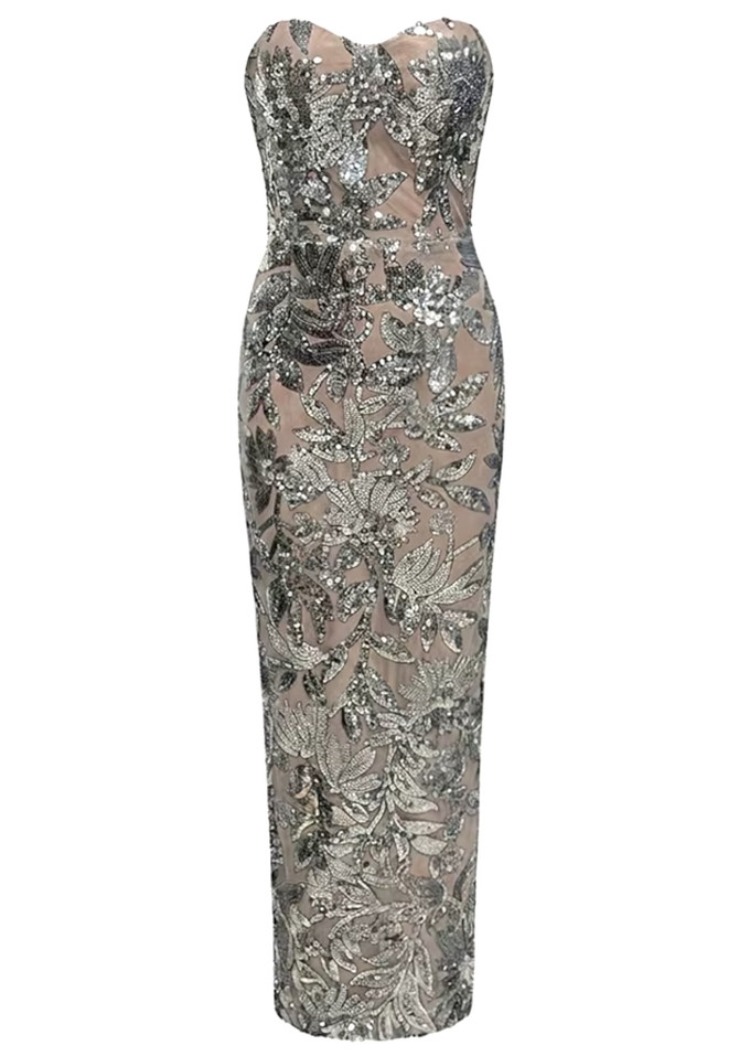 Strapless Sequin Floral Maxi Dress Silver