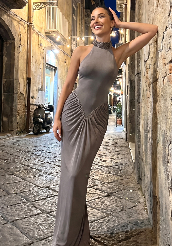 Halter Draped Maxi Dress Grey